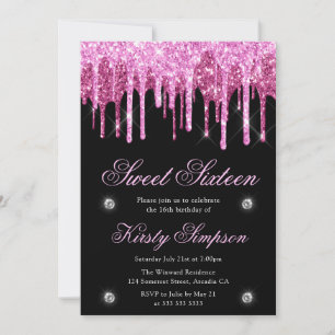 Zwart & Roze Glitterdruppel Sweet Sixteen Kaart