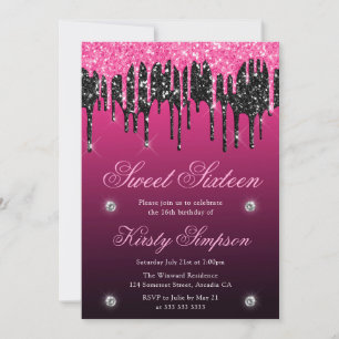 Zwart & Roze Glitterdruppel Sweet Sixteen Kaart