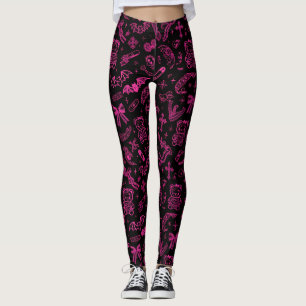 Zwart Roze Goth Doodle Broek Bats Bows Leggings