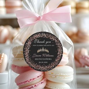 Zwart & roze gouden Quinceañera-verjaardag Bedankt Ronde Sticker
