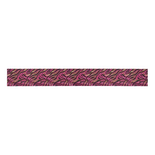 Zwart Roze Gouden Zebra Strepen Dierlijk Print Pat Grosgrain Lint (Voorkant)
