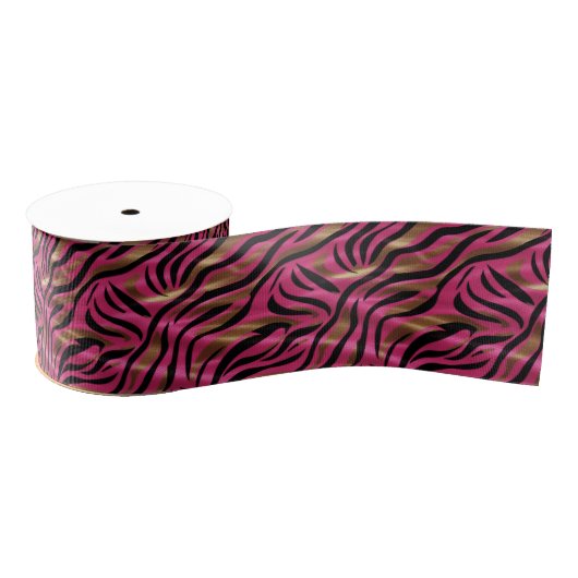 Zwart Roze Gouden Zebra Strepen Dierlijk Print Pat Grosgrain Lint (Spoel)