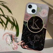 Zwart Roze Grijs Bloemen Monogram Telefoon Case iPhone 15 Hoesje