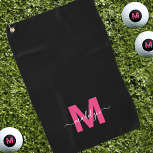 Zwart Roze Initiële Naam Monogram Golfhanddoek