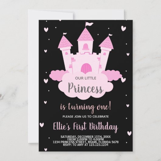 Zwart Roze Kasteel onder Cloud Prinses Verjaardag Kaart (Voorkant)