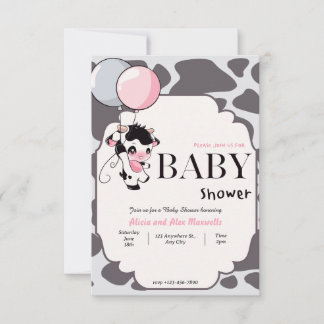 Zwart Roze Koe met Balloon baby shower uitnodiging