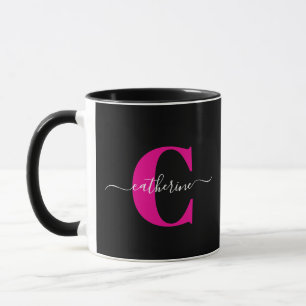 Zwart Roze Moderne Stijlvolle Script Monogram Naam Mok