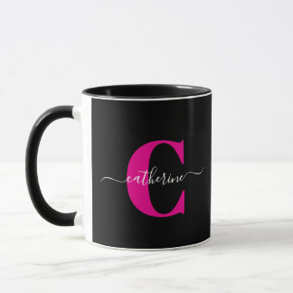 Zwart Roze Moderne Stijlvolle Script Monogram Naam Mok