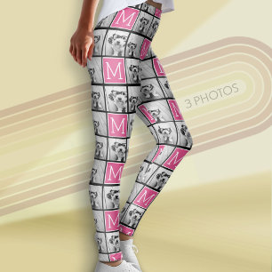 Zwart Roze Monogram met Custom 3 Fotocollage Leggings