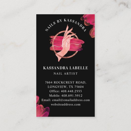 Zwart roze nagellak Manicure Salon Script Monogram Visitekaartje (Achterkant)