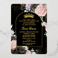 Zwart Roze Paarse Bloemige Gouden Quinceanera Swee