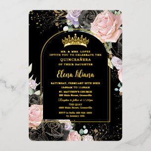 Zwart Roze Paarse Bloemige Gouden Quinceanera Swee Folie Uitnodiging