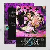 ZWART ROZE PAARSE FIETS HUWELIJK DAMAST MONOGRAM KAART (Voorkant / Achterkant)