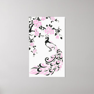 Zwart, roze pauw en kersenbloesems op maat canvas afdruk