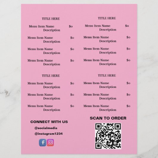 Zwart, Roze Restaurant Afhaalmenu met QR-code Flyer (Achterkant)