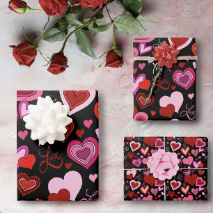 Zwart Roze Rode Harten Liefdespatroon Inpakpapier Vel