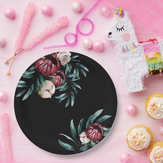 Zwart roze rozen achtergrond Elegant script Papieren Bordje (Feest)