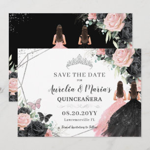 Zwart Roze Rozen Bloemen Twins Quinceanera Sweet 1 Save The Date