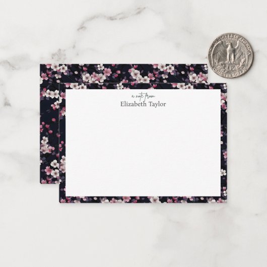 Zwart Roze Sakura Bloemen, Patroon Design Notitiekaartje (Voorkant / Achterkant in situ)