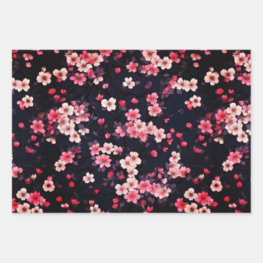 Zwart Roze Sakura Bloemen, Patroonontwerp, Inpakpapier Vel (Voorkant 2)