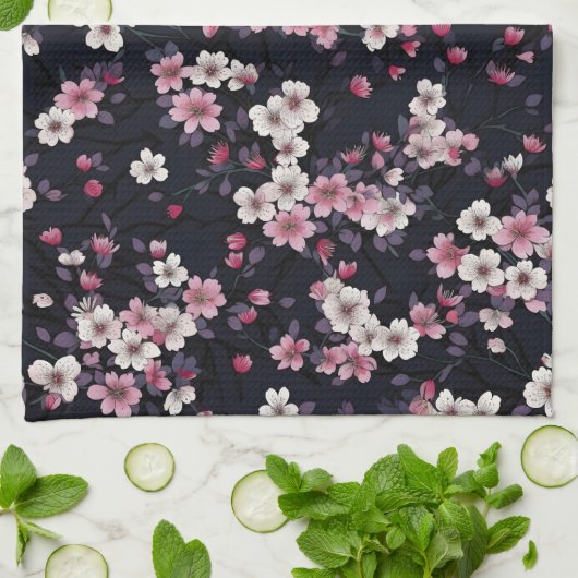 Zwart Roze Sakura Bloemen, Patroonontwerp, Theedoek (Gevouwen)