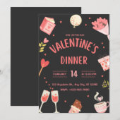 Zwart & Roze Schattige Valentijns Dinner Invite Kaart (Voorkant / Achterkant)