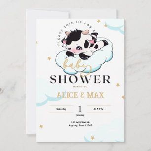 Zwart Roze Sleepy Koe Wit Cloud Baby shower Kaart
