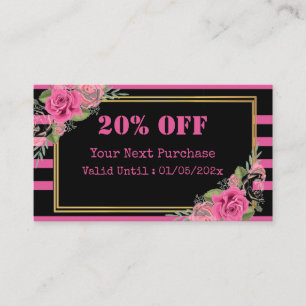 Zwart Roze Strepen Bloemen QR Code Korting Kaart