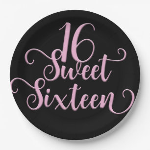 Zwart & Roze Sweet 16 Verjaardagsfeestje Papieren Bordje