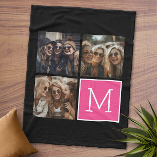 Zwart-roze Trendy fotocollage met monogram Fleece Deken