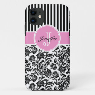 Zwart Roze & Wit Damask & Stripes Patroon 2 iPhone 11 Hoesje