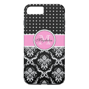 Zwart Roze & Wit Damast & PolkaDot Patroon iPhone 8 Plus / 7 Plus Hoesje