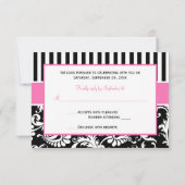 Zwart Roze Wit Gestreepte Damast Antwoordkaart Kaart (Achterkant)