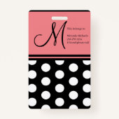 Zwart Roze Wit Polka Dots Monogram Script Badge (Achterkant)