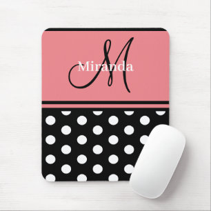 Zwart Roze Wit Polka Dots Monogram Script Muismat
