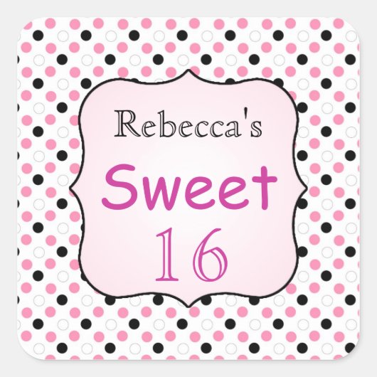 Zwart, roze, witte polka dot Sweet 16 Sticker (Voorkant)