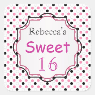 Zwart, roze, witte polka punt Sweet 16 Zelfklever Vierkante Sticker