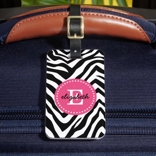 Zwart-roze zebra Afdrukken Aangepast monogram Bagagelabel (Voorkant Insitu 2)