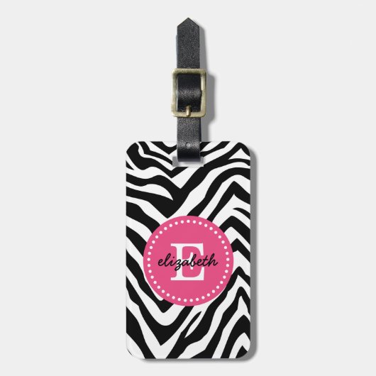 Zwart-roze zebra Afdrukken Aangepast monogram Bagagelabel (Voorkant verticaal)