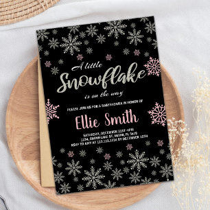 Zwart Roze Zilver Winter Baby Douche Uitnodigingen