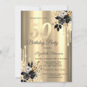 Zwart Rozen Glitter Drips Gold 50th Verjaardag Kaart (Voorkant)
