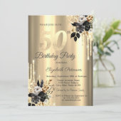 Zwart Rozen Glitter Drips Gold 50th Verjaardag Kaart (Staand voorkant)