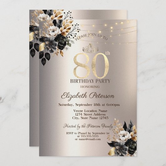 Zwart Rozen String Licht Ivoor 80ste Verjaardag Kaart (Voorkant / Achterkant)