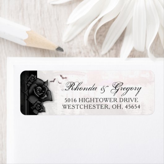 Zwart Rozen Vleermuizen Gotische Halloween Trouwad Etiket