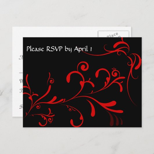 Zwart RSVP, rood accent Uitnodiging Briefkaart (Voorkant / Achterkant)