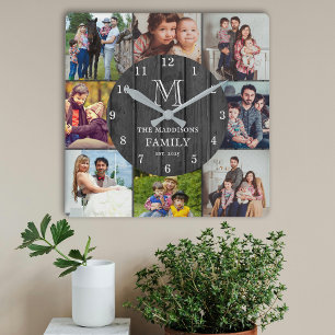 Zwart Rustiek Houten Familiemonogram met 8 Foto's  Vierkante Klok