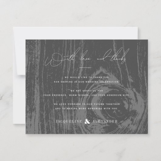 Zwart rustieke Woodgrain winter bruiloft dank u Kaart (Voorkant)