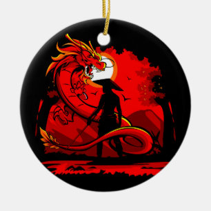 Zwart Samurai Red Dragon Japans stijlkunstwerk   Keramisch Ornament