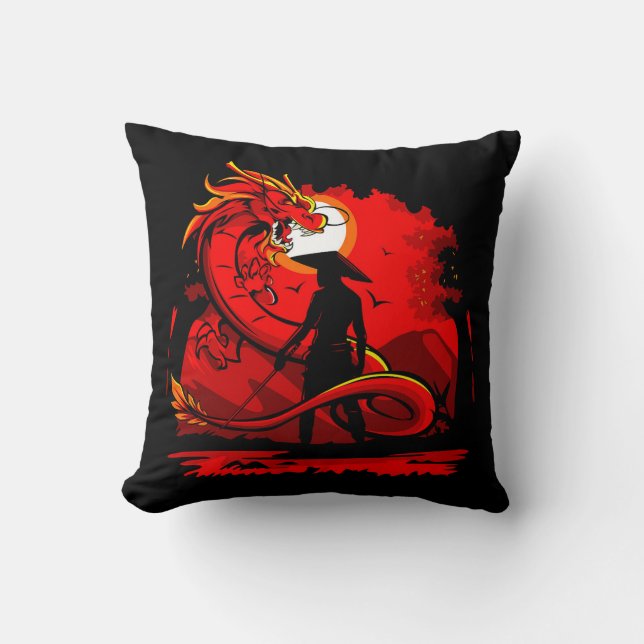 Zwart Samurai Red Dragon Japans stijlkunstwerk | Kussen (Voorkant)
