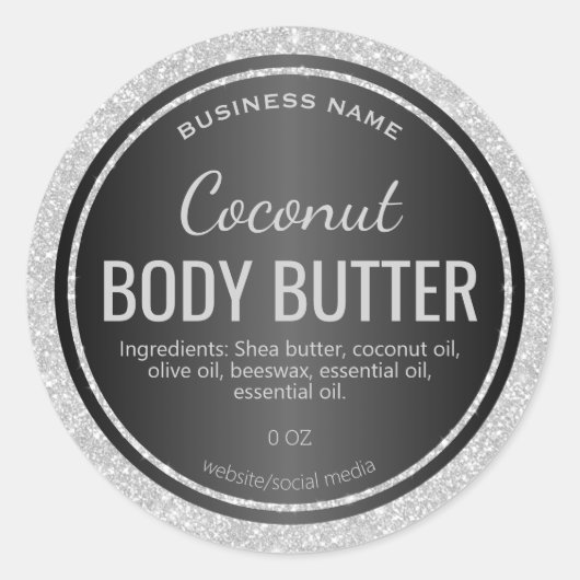 Zwart Satijn Zilver Glitter Body Butter Labels (Voorkant)